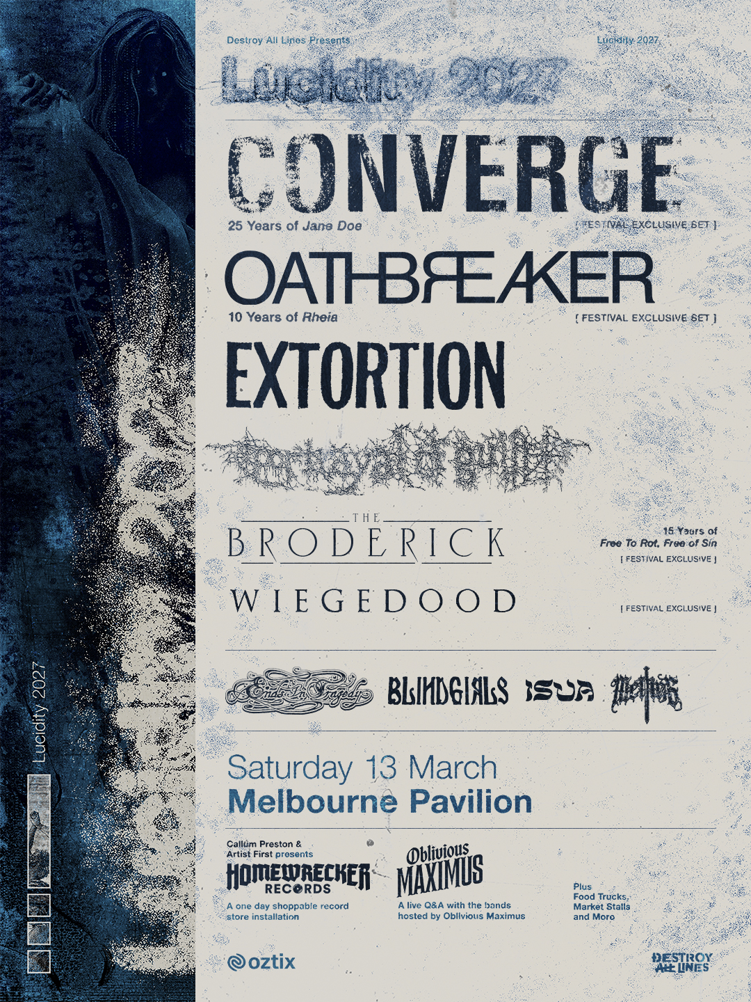 Lucidity 2027 festival poster featuring Converge, Oathbreaker, and Extortion at Melbourne Pavilion on Saturday March 13 with event details.